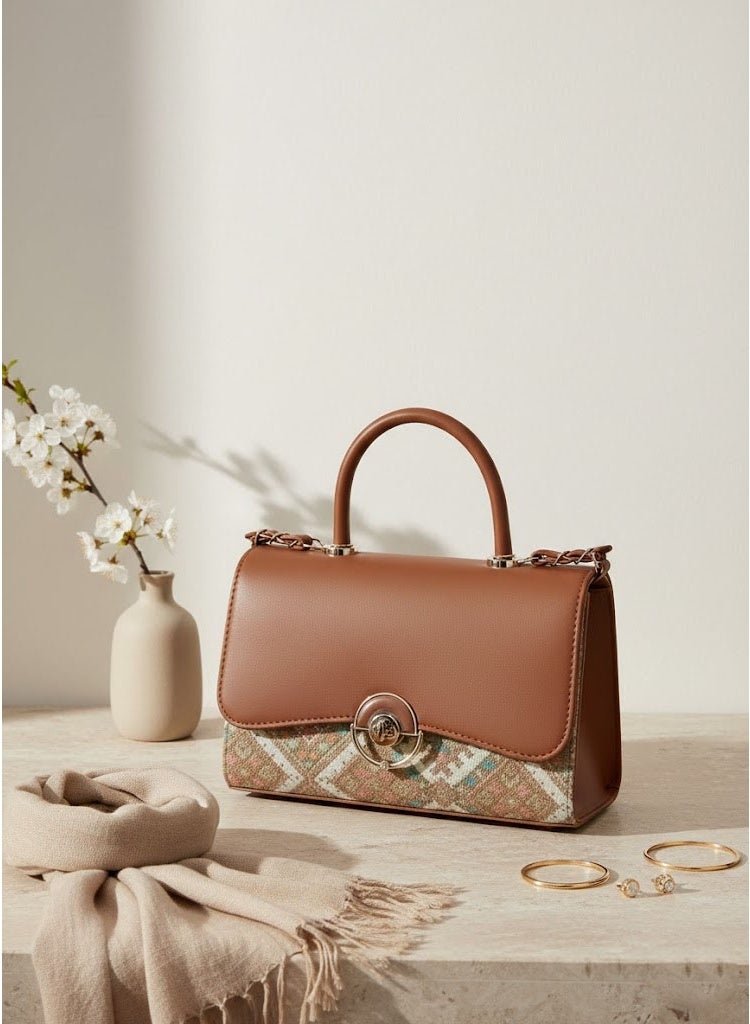 FUMES Brown Women’s Handbag – Smooth Finish with Patterned Fabric Panel, Structured Top Handle & Chain Strap, Elegant Office & Evening Bag - Image 5